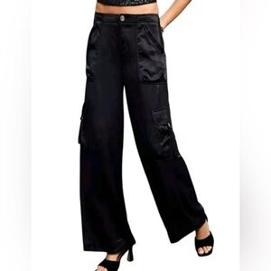 Anthropologie Black Wide-Leg Satin Viscose Cargo Pants Utility Party 6
